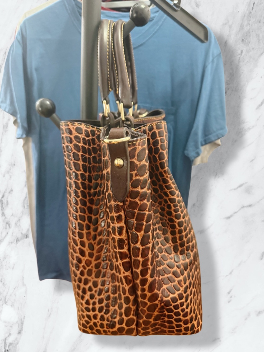 Dooney & Bourke Croc-Embossed Brown Leather Shopper with Red Interior - Picture 5 of 7